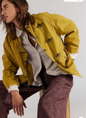 We The Free Denim Barn Coat Mustard Yellow W/ Silver Toggles & Black Collar Trim
